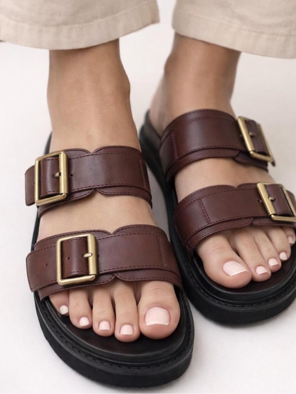 Princess Polly Brown Double-Buckle Leather Slide Sandals